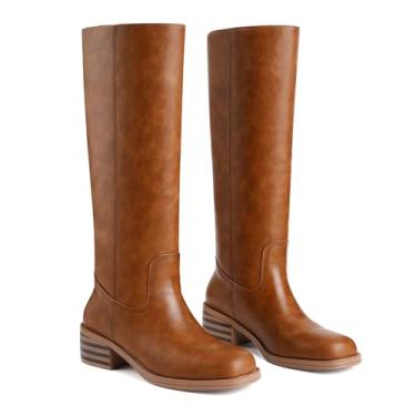 Imagem de Migpuel Botas femininas de cano alto banana bico quadrado salto grosso botas de equitação confortáveis salto baixo casual panturrilha larga cano alto botas campus, Marrom, sela, 39