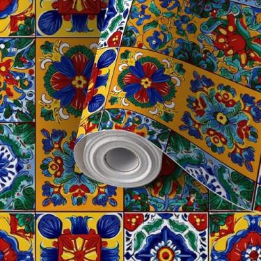 Imagem de Papel de parede autoadesivo mural de parede mexicano Talavera azulejo de cerâmica decoração sem costura papel de contato ornamental papel de parede amigável para locatário para cozinha berçário quarto