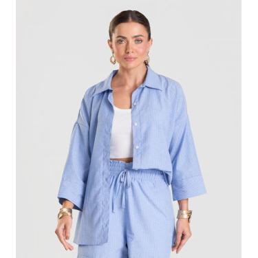Imagem de Camisa Feminina manga 7/8 Listrada Dianna Azul, M, Azul