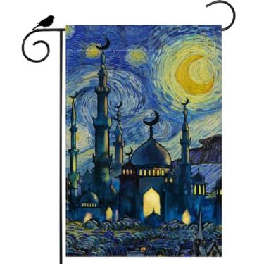 Imagem de ZAEW Pintura a óleo Castle Van Gogh céu noturno estrelado lua Ramadã Mubarak bandeira de jardim 30 x 45 cm dupla face pequena bandeira de quintal exterior decoração de festa de férias