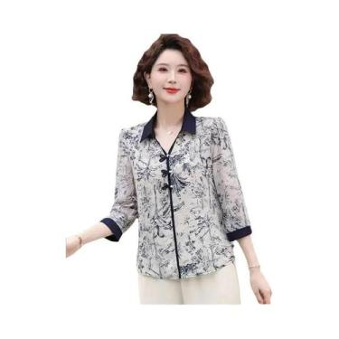 Imagem de Camisa Feminina De Verão Com Manga 3/4 Estampada, Elegante, Com Lapela