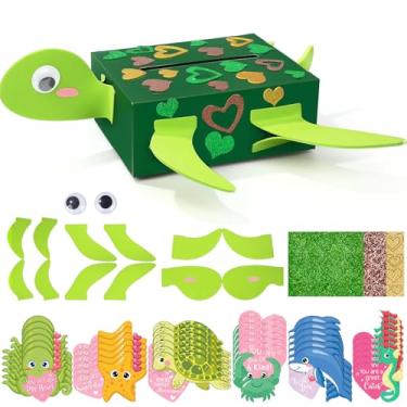 Imagem de Pasimy Valentines DIY Mailbox for Kids with 33 Greeting Cards Valentine's Day Card Box for School Classroom Boys Girls Gifts Exchange, Kids Gift to Party Favor Sets (Turtle)