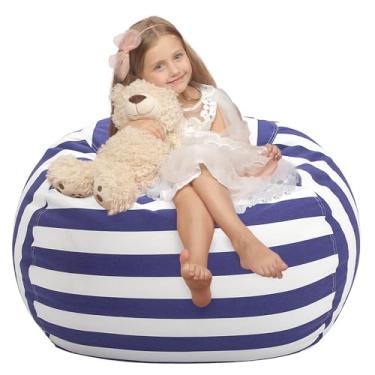 Imagem de Wekapo Bolsa de pelúcia para crianças | Pufe de pelúcia com zíper para organizar brinquedos de pelúcia grande tela de algodão premium (faixa azul marinho, GG)