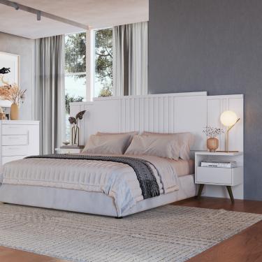 Imagem de Cabeceira Extensível Casal/Queen Ripada com 2 Mesas de Cabeceira Flora Móveis Castro - Branco Line