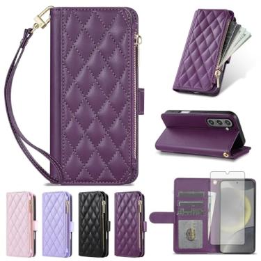 Imagem de Furiet Argyle Capa carteira para Samsung Galaxy S24 FE 5G e protetor de tela de vidro temperado, alça de pulso, slot para cartão, couro PU, suporte para cartão, capa de telefone para S 24 EF AI S24FE