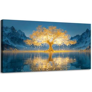 Imagem de SLYCAY Impressão de arte de parede em tela grande árvore dourada da vida, natureza neve montanha lago pintura paisagem imagens decoração de parede, decoração de casa, sala de estar, quarto, escritório