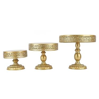 Imagem de Conjunto de suporte para bolo de 3 peças dourado lindo delicado ferro metal sobremesa display para festa em casa decoração rústica elegante decoração de mesa dourada de luxo