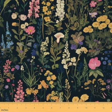 Imagem de jejeloiu Tecido floral por Yard Wildflower Tecido de estofamento botânico para costura, artesanato, primavera, verão, natural, impermeável, interior, exterior, para projetos de bricolage em casa