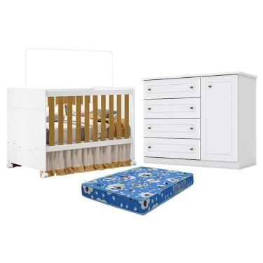 Imagem de Berço Americano Katatau Branco Acetinado Savana - Reller E Cômoda Infantil Americano Branco Hp E Colchão Ortobom - Henn