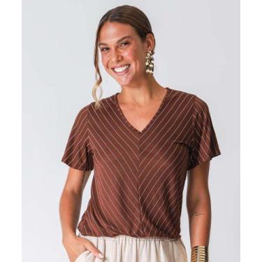 Imagem de Blusa Feminina Listrada Manga Curta Marisa Marrom-18019, Marrom, P
