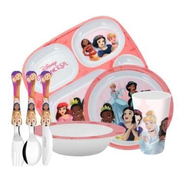 Imagem de Jogo de Refeição Infantil Disney em Melamina 7 Peças com Talheres Inox Minnie Mickey Pr...