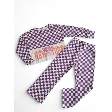 Imagem de Conjunto de Moletom Infantil Estampado Xadrez Roxo - Tink Bink, 8