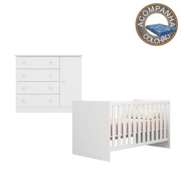 Imagem de Kit Berço 1344 sem Rodízios Com Colchão Baby Physical e Cômoda 2561 Linha Doce Sonho Qmovi Ortobom
