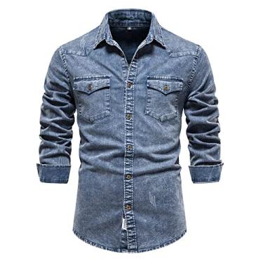 Imagem de JMKEY Camiseta Masculina Casual Manga Longa Botão Jeans Trabalho Camisa Bolso Denim Top Jaqueta Camisa Masculino