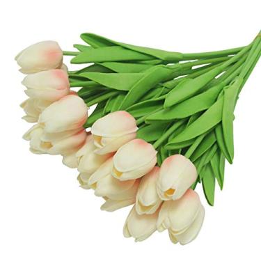 Imagem de Vlovelife 20 cabeças flores artificiais tulipa champanhe toque real tulipas PU tulipas falsas flores buquês de casamento arranjo de flores buquê casa quarto centro de mesa festa decoração de casamento