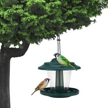 Imagem de WUYUZI Comedouro de pássaros selvagens pendurado ao ar livre, decoração de quintal com jardim suspenso de plástico e formato claro de pavilhão com telhado, comedouros de pássaros impermeáveis com gancho de