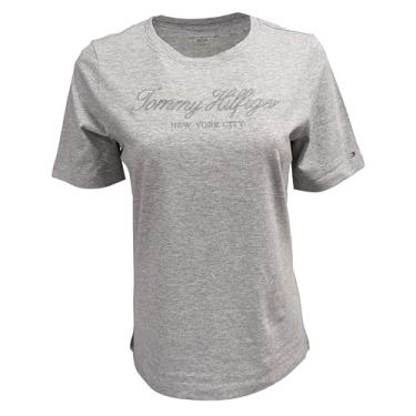 Imagem de Tommy Hilfiger Camiseta feminina de algodão de desempenho – Camisetas estampadas leves, Cinza mesclado (Nyc bordado), G