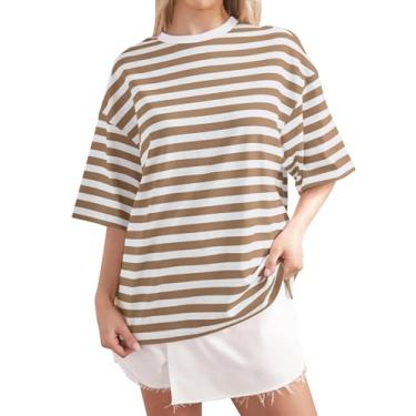 Imagem de Anoumcy Camisetas femininas casuais de algodão listradas, manga curta, ombro caído, verão, soltas, Caqui, G