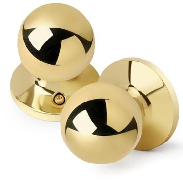 Imagem de LOQRON Puxador de porta com design de bola sem trava, maçaneta de passagem redonda sem travamento para corredor/armário, acabamento em latão polido