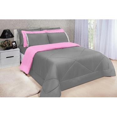 Imagem de Kit Edredom Dupla Face Ternura Casal Padrão 6 Peças - Cinza/Rosa - Ate