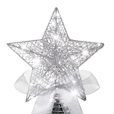 Imagem de Sumind Enfeite de árvore de Natal de 25 cm, enfeite de topo de árvore de estrela brilhante com laço e 30 luzes de LED para decoração de festa de Natal em ambientes internos (prata)