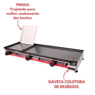 Imagem de Chapa De Lanche Bifeteira Com Prensa 90x30 Inox A Gás 3 Bocas - METALL