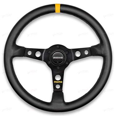 Imagem de MOMO Volante de corrida de couro MOD.07 Motorsport – 350 mm, 72 mm de profundidade, buzina amarela, 3 raios com recortes, moldura de alumínio de 6 parafusos – Roda de reposição italiana MOMO autêntica