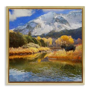 Imagem de Stupell Industries Arte de parede em tela flutuante emoldurada Moose on Dolores River por Chris Vest, moldura flutuante dourada, 63 x 63 cm