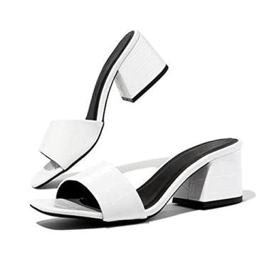 Imagem de Moda feminina chinelos senhoras dedo do pé quadrado feminino slides sapatos de verão sandálias de salto alto sandálias para mulheres(White,38EU)