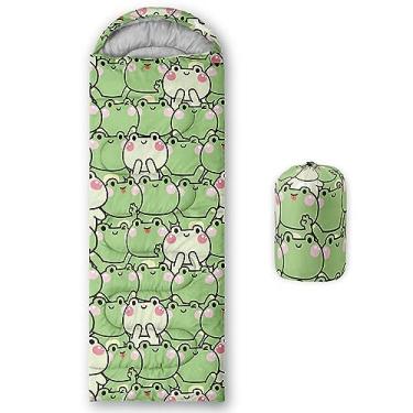 Imagem de QOOMO Sacos de dormir de acampamento estampados em verde sapo de desenho fofo, clima quente e frio, leve, sacos de dormir à prova d'água para adultos e crianças, viagens e ao ar livre, equipamentos de
