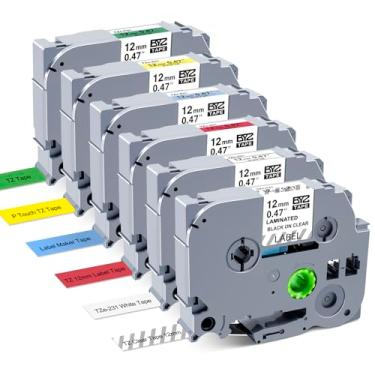 Imagem de Fita de refil PTD210 compatível com fita TZ 12 mm 0,47 TZe 131 231 431 531 631 731 Fita laminada Multicolorida preta em branco/claro/vermelho/azul/amarelo/verde para PT-D210 H100 D600, pacote com 6