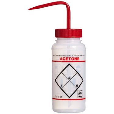 Imagem de Frascos de lavagem SP Bel-Art Safety-Rotulados com acetona de boca larga; 500 ml, polietileno com tampa de polipropileno vermelha (F11646-0622), natural (pacote com 6)