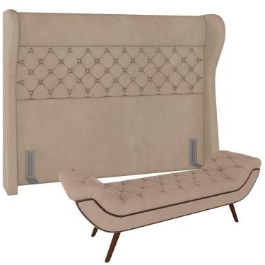 Imagem de Kit Cabeceira Cama Box Casal 195cm Madrid Com Puff Recamier Santorini Veludo Bege