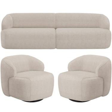 Imagem de Sofá 3 Lugares Curvo Orgânico Com 02 Poltronas Living 220cm Barolo L06 Linho Bege