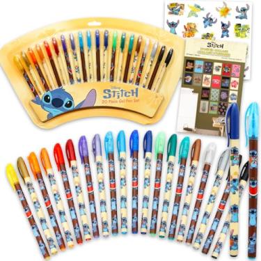 Imagem de Conjunto de canetas de gel Stitch – Pacote com 20 canetas de gel Disney para desenhar, desenhar, colorir, mini pôsteres artísticos para decoração de quarto e adesivos | Lembranças de festa Lilo e