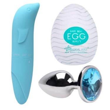 Imagem de Kit Vibrador Golfinho Feminino Ponto G + Masturbador Masculino Ovo Egg + Plugue Anal - Sex Shop Casal (Azul, Plug M)