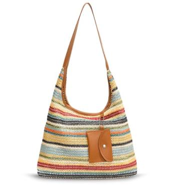 Imagem de QTKJ Sacola feminina, bolsa de praia de palha de grande capacidade, bolsa de mão para mulheres, férias e viagens diárias (cor 1), Multicor, One Size