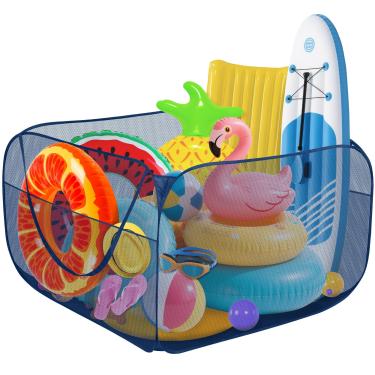 Imagem de Hahood Caixa de armazenamento de brinquedos de piscina pop-up de 10 x 10 x 7 cm, bolsa organizadora de piscina com 2 bolsos laterais para brinquedos infláveis, boias, bolas de praia, toalhas e outros