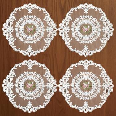 Imagem de 4 peças de jogo americano de mesa de renda, decoração campestre francesa, doilies circulares para mesas, móveis vintage para bandejas de sobremesa, cômoda de cabeceira, branco