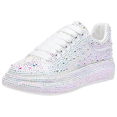 Imagem de Jamron Tênis feminino moderno com sola grossa glitter gradiente cores strass cadarço casual sapatos esportivos, Branco, 8.5