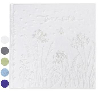 Imagem de Livro de convidados de casamento bordado à mão com bolsos para fotos | Álbum de lembrança de linho de 21,6 x 21,6 cm | 108 páginas + cantos de foto e envelope de memória (branco)