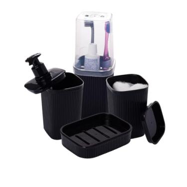 Imagem de " Kit Banheiro Conjunto Lavabo Pia 4 Peças Classic Frisos Preto Com Saboneteira Porta Sabonete Líquido Porta Algodão e Porta Escova de Dente Conjunto Resistente e Durável Design Moderno Elegante"