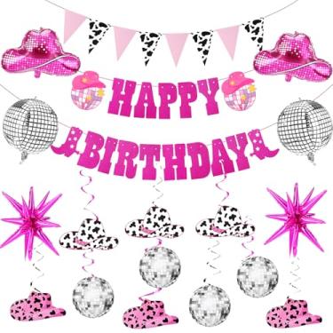 Imagem de Halloscume 29 peças decorações de festa de vaqueira discoteca balões de vaqueira ocidental pendurado chapéu de cowboy serpentinas de teto para decoração de festa de despedida de solteira rosa choque