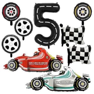 Imagem de YiYou Decorações Para Festa De Carro Corrida Número 5 - Balões Pneu 43", Alumínio Xadrez Preto E Branco Meninos, Pacote Com 9