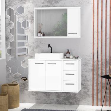 Imagem de Gabinete para Banheiro com Tampo de Vidro Cuba de Sobrepor e Espelheir