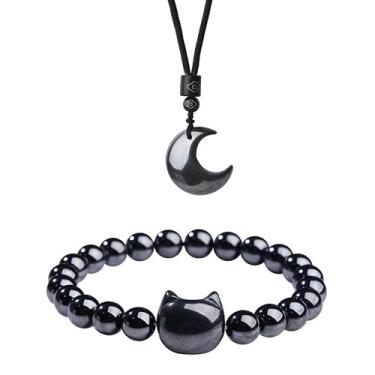 Imagem de Pulseira de gato hematita e colar com pingente de lua, conjunto de joias, presentes para amantes de gatos, atração de riqueza, boa sorte, pulseira de contas, pulseiras de contas, colar com pingente de