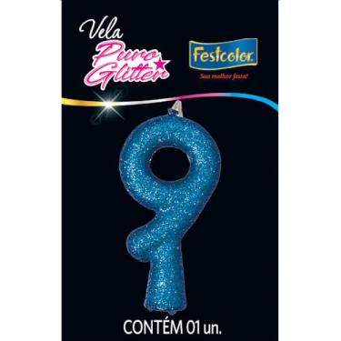 Imagem de Vela Puro Glitter Azul N 9 - Embalagem com 1 unidade.