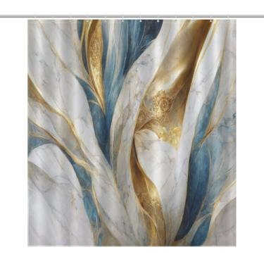Imagem de BATPLY Cortina de chuveiro de mármore, moderno, abstrato, barroco, azul dourado, branco, padrão de veias, decoração de casa, tecido impermeável, conjunto de cortinas de banheiro com 12 pacotes de
