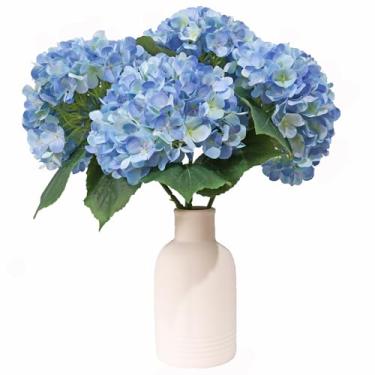Imagem de NMAIYA Hortênsia azul, flores artificiais, 4 peças, grandes hortênsias falsas, realistas, flores ao ar livre, haste longa, buquê de flores, centros de mesa para sala de jantar, decoração de casa