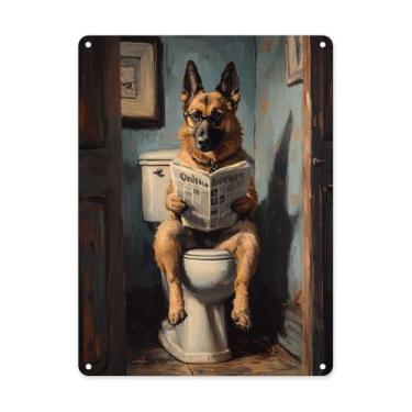 Imagem de BEAROWL Placa de metal para cachorro, pastor alemão lendo jornal no banheiro, cena de banheiro vintage, folha de flandres humorística para animais de estimação, placas de alumínio para decoração de